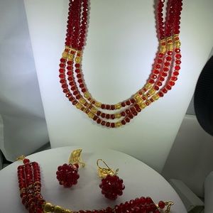Necklace Bracelet & Pierced Earrings Set Red Gold